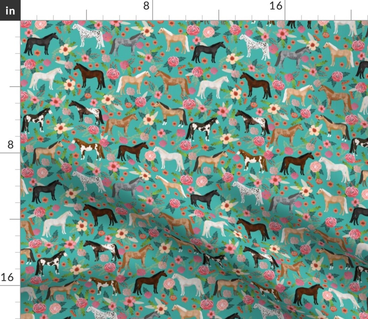 Watercolor Horses Aqua Equestrian Farm Animal Horseback Riding Kids Pony Custom Printed Fabric by Spoonflower Various Fabrics by the Yard or Fat Quarter